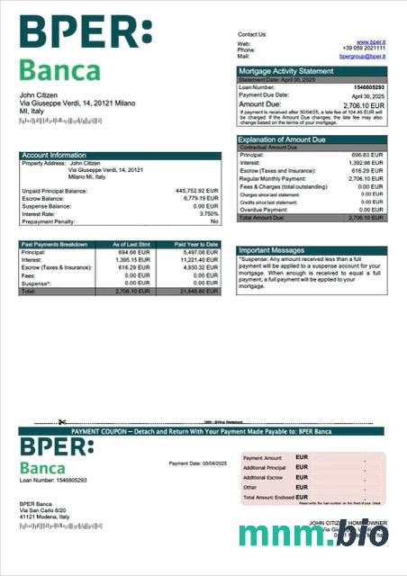 Włochy BPER Banca wyciąg z kredytu hipotecznego szablon Word i PDF